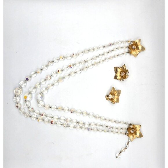 Rare 1940s Graduated Crystal Necklace and Floral Rhinestone Gold Clip Earrings - Picture 6 of 13